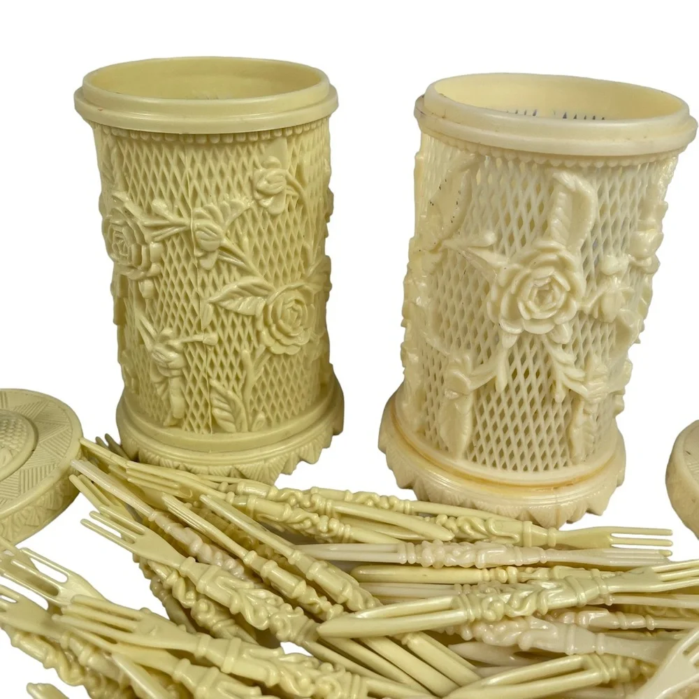 Vintage Vegan Ivory Ornate Hors D'oeuvres 3-Prong Picks Floral Holders Serves 48